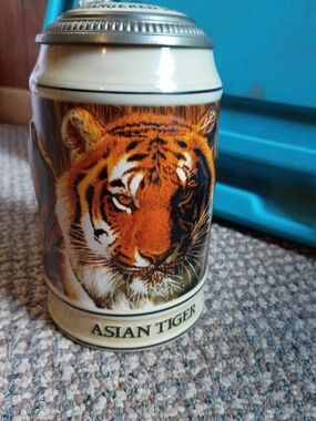 Asian Tiger Ceramic Stein with Pewter Lid - Tiger Illustration